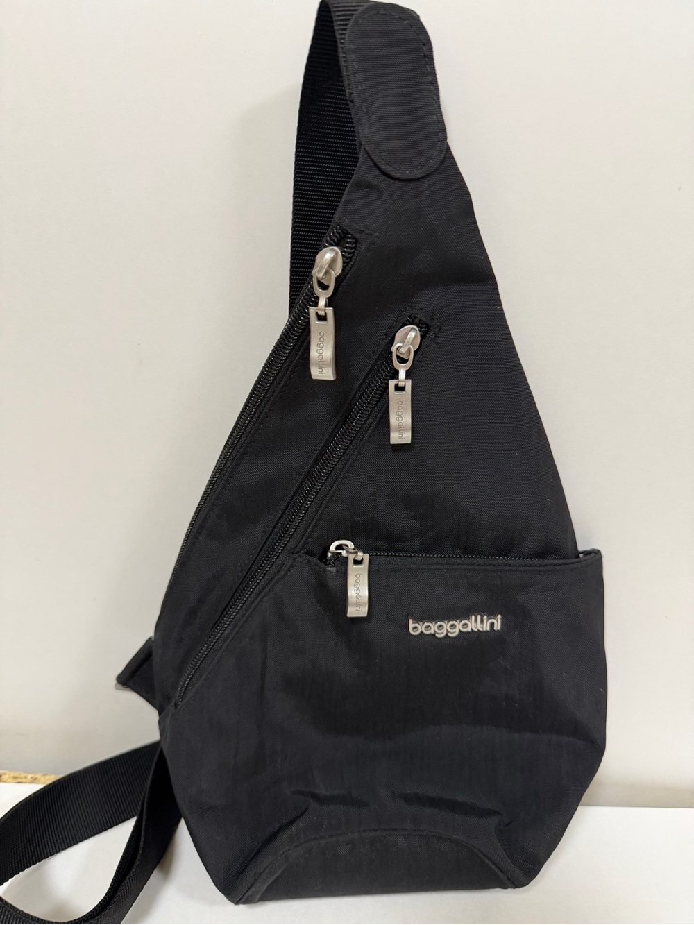 Baggallini Black Sling Belt Bag with Silver Hardware Accents